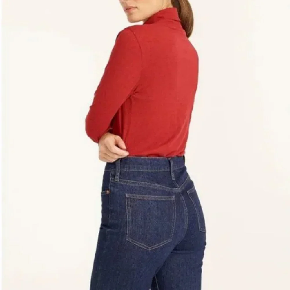 J Crew Long Sleeve Ultra Thin Cotton Relaxed Straight Tissue Turtleneck Top Red